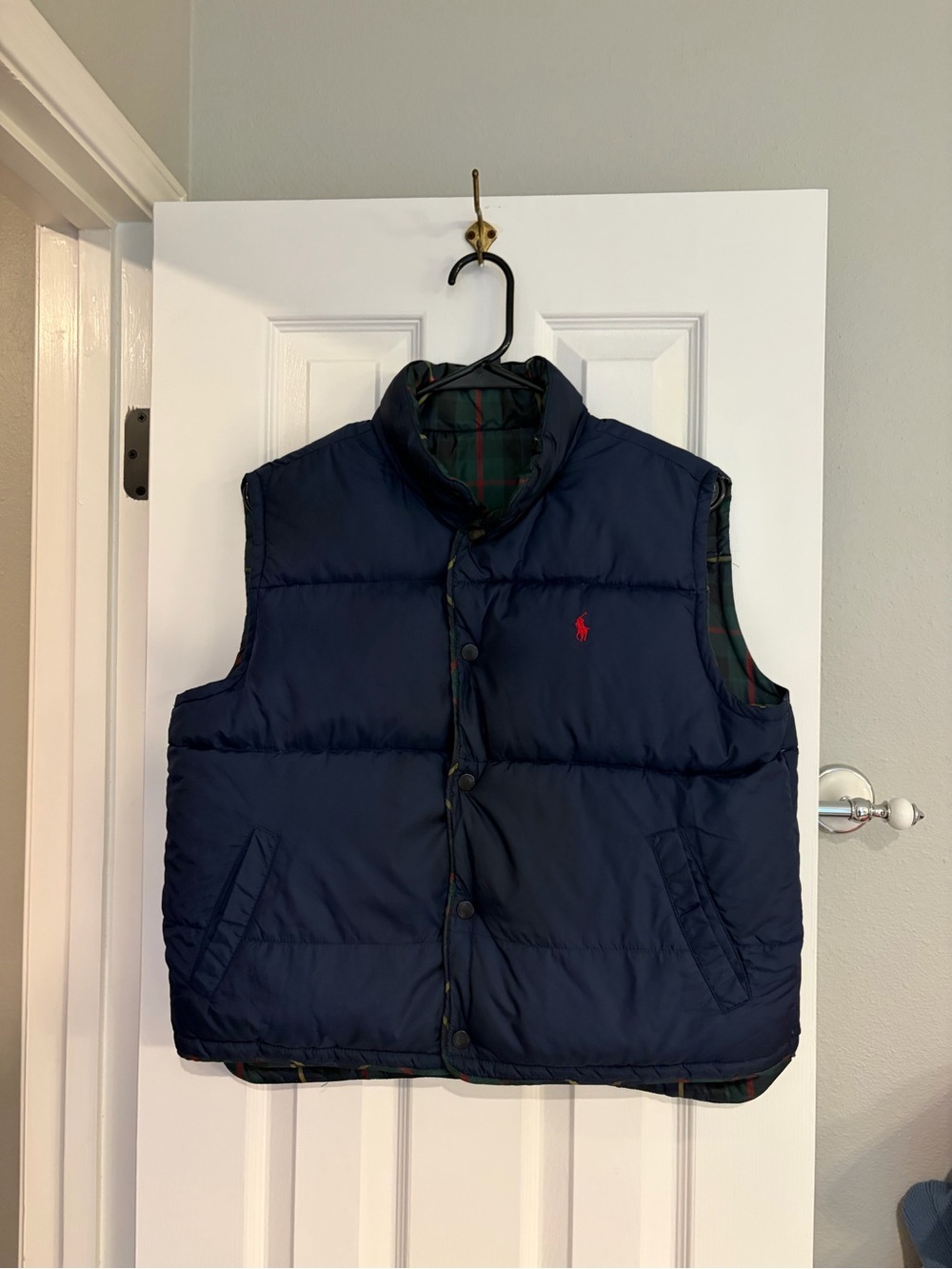 VTG Polo Ralph Lauren Reversible Down Puffer Vest Women’s L Navy Plaid